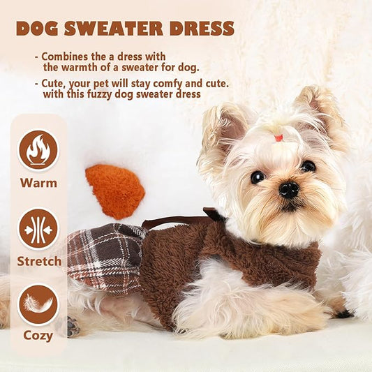 Yikeyo Dog Sweater Dress,Dog Dress Clothes Dresses for Small Dogs Girl Winter Fall Flannel Warm Pet Puppy Cat Tutu Princess Plaid Female Sweater (Medium, Brown)