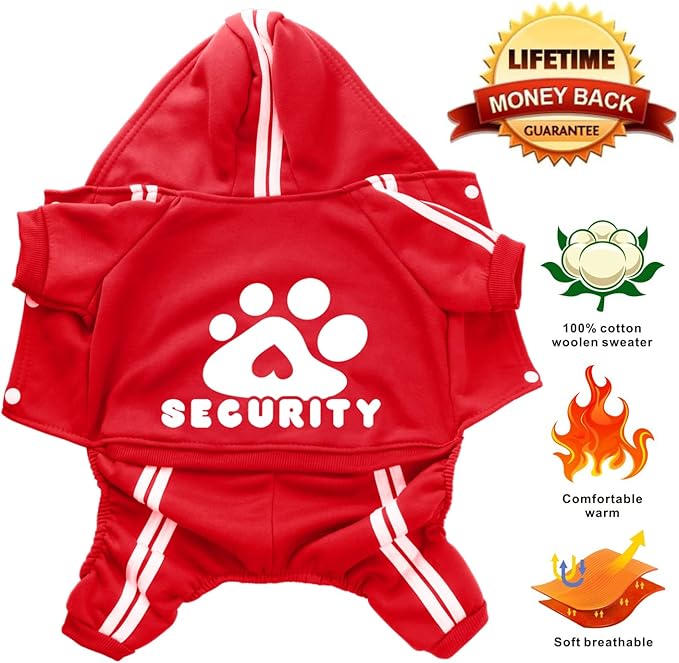 Dog Hoodie Security Clothes 4 Legs Jumpsuit Sweatshirt Hoodies Soft & Warm Dog Outfit Pullover Dog Winter Clothes Sweater for Small Medium Large Dogs Cats (Red, Small)