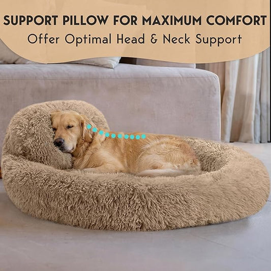 PetJett XL Dog Bed for Large Sized Dog - 45'' Extra Large Dog Bed, Anti-Slip & Washable Super Soft Round Donut Bed, Fluffy Faux Fur Anti-Anxiety Premium Comfort Pet Bed, Fits Dogs up to 120 lbs