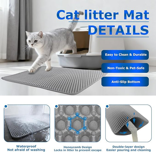 Cat Litter Box Mat Double Layer Trapping Mat Easy-Clean Waterproof Urine Proof(Gray 35x24in)