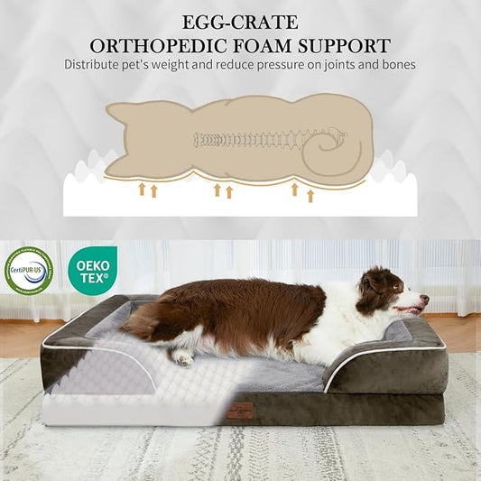 Comfort Expression Orthopedic Dog Bed for Large Dogs 38x25 Inch, Waterproof Supportive Egg Crate Foam Large Pet Bed with Removable Bolsters, Dog Couch with Washable Cover & Non-Slip Bottom, Dark Green