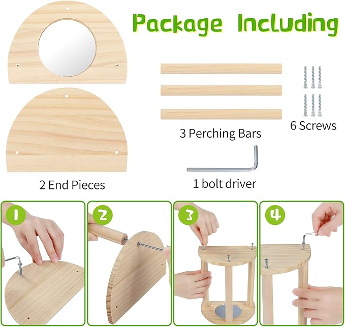 Pine Chicken Perch with Mirror, Strong Chick Jungle Gym Roosting Bar, Chicken Toys for Coop and Brooder, Training Perch Toys for Large Bird, Parrot, Macaw, Hens (Small)