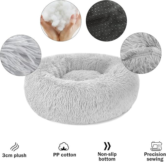 Calming Dog Cat Donut Bed - 23.6" Washable Fluffy Dog Beds, Round Cute Cat Beds for Indoor Cats, Anti Anxiety Plush Cuddler Dog Pillow, Pet Cushion for Small Medium Dogs, Waterproof Non-Slip Bottom