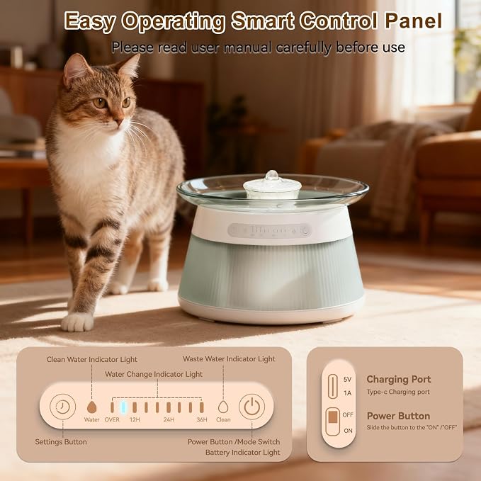 Glass Smart Cat Water Fountain Filterless | Pet Drinking Water Fountain Bowl No Filter, Battery Operated Cat Water Fountain