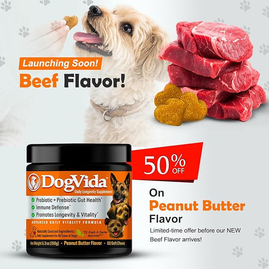 Dog Multivitamin Soft Chews for Longevity & Vitality, Dog Treats with Probiotics, CoQ10, & Omega 3 to Support Skin, Coat, Gut, Heart & Immune Health for All Breeds & Sizes, Peanut Butter, 60 Chews
