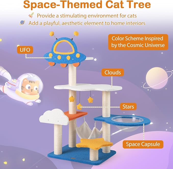 PETSITE 49-inch Cat Tree for Indoor Cats, Space-Themed Multi-Level Cute Cat Tree Tower with Sisal Scratching Posts, UFO Top Perch, Space Capsule, Cloud & Star Platforms, Dangling & Spring Balls