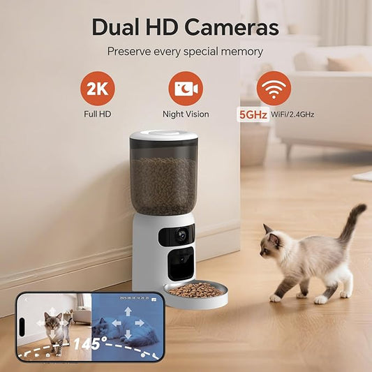 Automatic Cat Feeder with Two Camera: 5G WiFi Automatic Dog Feeder with Laser Pointer, 6L Automatic Cat Food Dispenser with Night Vision for Multiple Pet, Detachable for Easy Clean -24 Cup