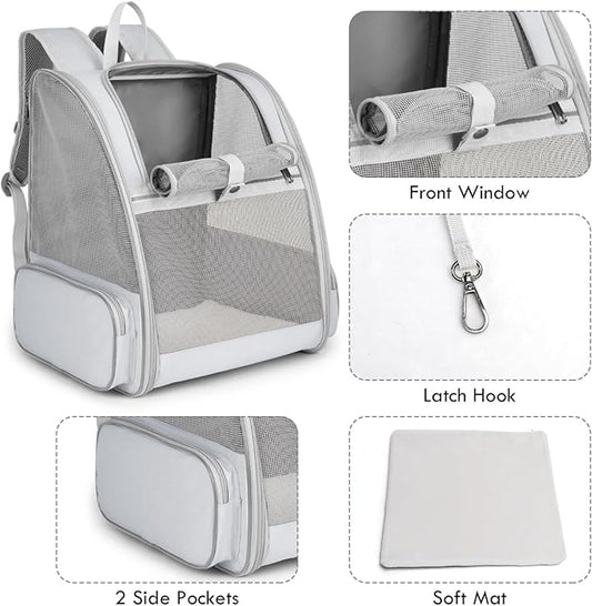 Cat Backpack Carrier, Large Pet Carrier Backpack with Kitten Wand Feather Toy for Medium Small Dog Cat Puppy Kitty Bunny up to 15lbs, Ventilated Mesh Kitten Bookbag for Travel Walking Outdoor (Grey)
