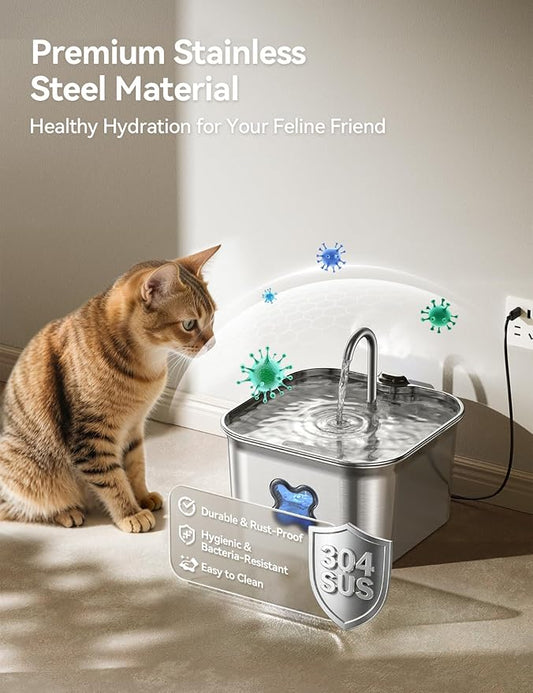 FEELNEEDY Cat Water Fountain, 304 Stainless Steel - 95oz/2.8L Faucet-Style Pet Drinking Fountain for Cats & Small Dogs, Ultra-Quiet <20dB, Dishwasher Safe, 4-Stage Filtration & Water Level Window
