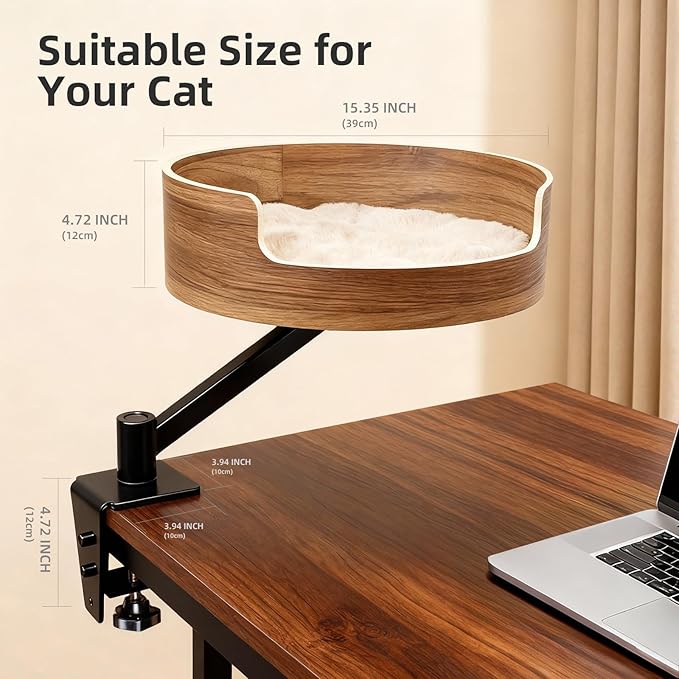 Desk Cat Bed, Elevated Cat Bed for Desk, Space-Saving Cat Hammock for Home Office, Stable & Comfortable Perch for Indoor Cats,Walnut Wood Finish