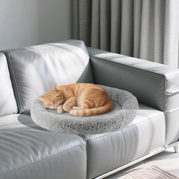 NAMSAN Round Cat Beds for Indoor Cats, 19.5 x 19.5 x 2 inch, Self Warm Pet Bed Pad with Pillow Around, Plush Cushion for Small Medium Dogs Large Cats, Antiskid Bottom, Grey