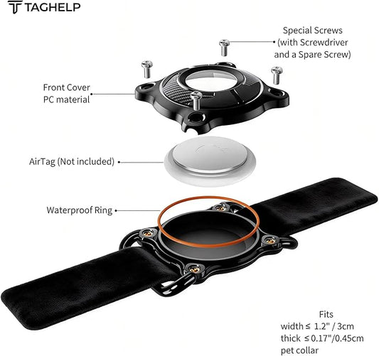 AirTag Dog Collar Holder - IP68 Waterproof Case, Shockproof & Durable, Secure Fit for 1.2" Dog Collars, GPS Tracker Accessory for Pets, Lightweight & Comfortable(Pure Black)