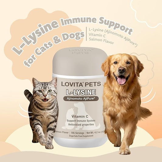 LOVITA Pets L-Lysine Powder for Cats & Dogs, Immune Support Pet Supplement with AjiPure L-Lysine and Vitamin C, Salmon Flavor for Daily Use, Includes Scoop