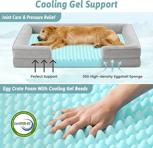 COZY KISS Cooling Dog Bed for Large Medium Size Dogs, Q-Max >0.4 Summer Cool Orthopedic Foam Pet Sofa Bed with Sides, Bolster Anti-Slip Couch with Washable Removable Cover, L 36x27x6.5 inch, Grey