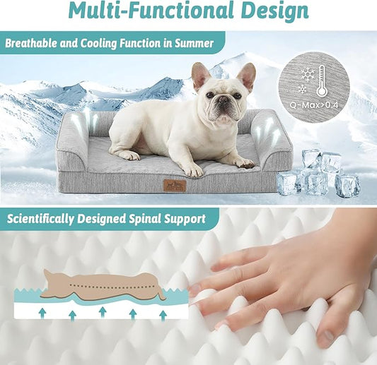 COZY KISS Cooling Dog Bed, Orthopedic Foam Dog Bed with Sides, Removable Washable Cover & Waterproof Lining and Nonskid Bottom, Comfortable Pet Beds for Small Dogs, Grey (30" L x 20" W x 6" Th)