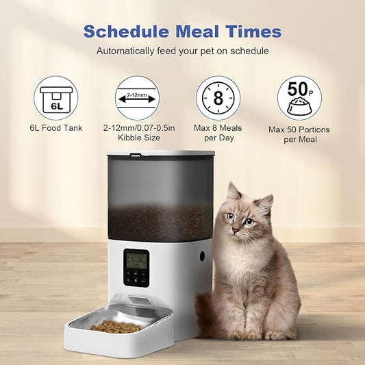 Automatic Cat Feeder, 6L Cat Food Dispenser with 10s Voice Recorder, Pet Feeder up to 8 Meals per Day, Timed Feeder with Dry Food Sealed Ring (Grey)