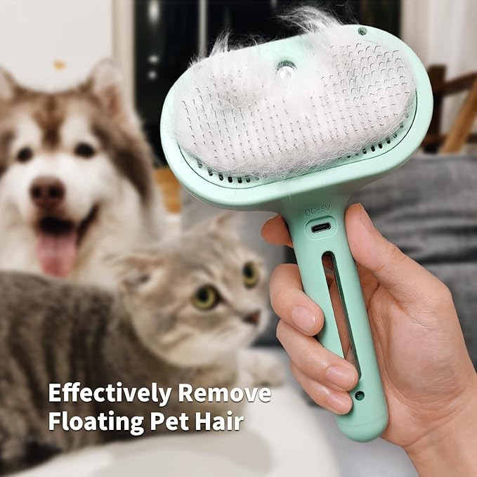 Pecait Cat Steam Brush for Shedding, 3 In 1 Steam Pet Brush Self Cleaning, Dog Brush for Long and Short Hair Dogs and Cats, Pet Grooming Comb Remove Tangled Loose Hair, Type-C Fast Charging (Green)