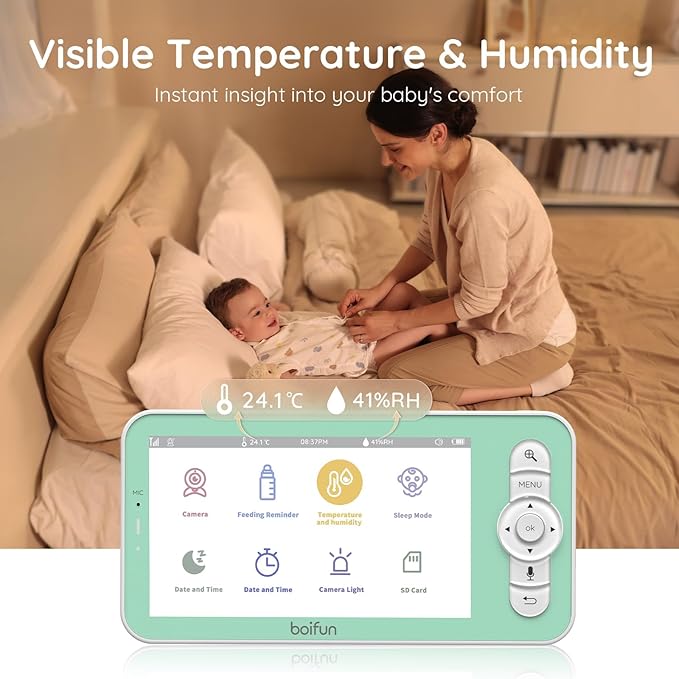 BOIFUN 2026 Upgraded 2K WiFi Baby Monitor with Camera and Audio, Smart Night Light, APP & 5" Split-Screen Control, Motion/Cries/Sound/Custom Alarm Zone Detect, Auto Tracking, Humidity Temp Detect