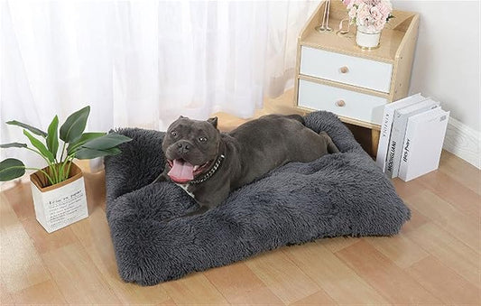 Liveinu Long Plush Calming Pet Bed Cuddler Pet Bed for Dogs and Cats Fluffy Faux Fur Dog Bed with Anti Slip Bottom Machine Washable Pet Sleep Bed Crate Mat Dark Grey M