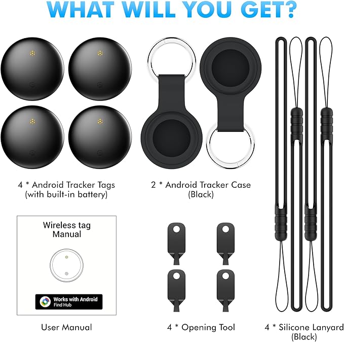 Bluetooth Tracker 4-Pack for Android & Samsung with Case, Smart Tag Item Finder for Keys Wallet Luggage, IP66 Waterproof, 365-Day Battery, Works with Google Find Hub (Black)