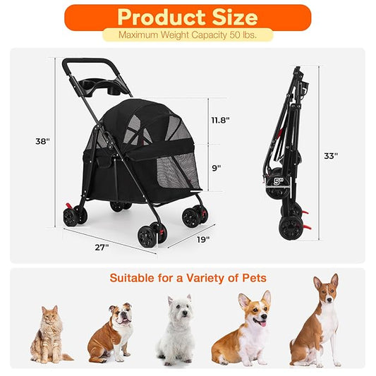 Foldable Pet Stroller for Small/Medium Dogs & Cats up to 22 lbs - Lightweight 4-Wheel Design with Sun Canopy, Storage Basket & Breathable Mesh Windows(Black