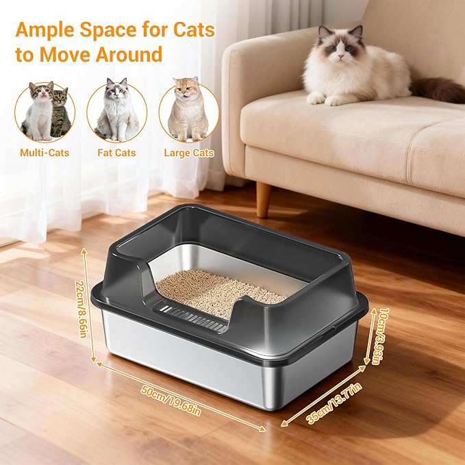 Enclosed Stainless Steel Cat Litter Box with Lid Extra Large Litter Box for Big Cats XL Metal Litter Pan Tray with High Wall Sides Enclosure, Non-Sticky, Anti-Leakage, Easy Cleaning