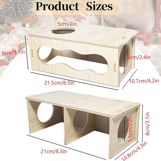 2 PCS Wooden Hamster Hideout Multi-Chamber Tunnel Set Hamster House Hiding Maze Platform Stuff Exploring Toy Cage Accessories for Gerbil Rat Mice