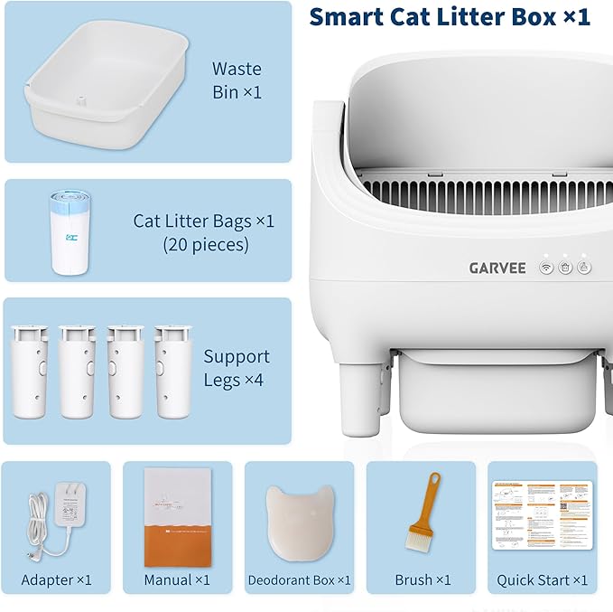 Self Cleaning Litter Box, Automatic Cat Litter Box with APP Control, Odor-Free Waste Disposal Includes Trash Bags, Large Waste Bin, Open-Top Automatic Litter Box for Multiple Cats, White