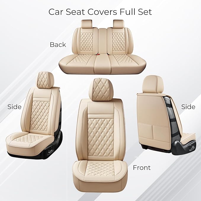 Huidasource Beige Seat Covers Full Set, Nappa Leather Seat Cover Hollow Design Airbag Pops, Front & Back Seat, 5 Layers Seat Covers for Most Cars, Vans, Trucks, SUVs Universal Fit (Full Set/Beige)