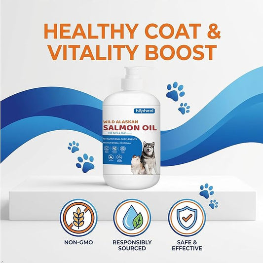 Wild-Caught Salmon Oil for Dogs & Cats - Omega 3 EPA DHA,Fish Oil Liquid Supplement for Skin & Coat, Joint & Bone Health (8 FLOZ)