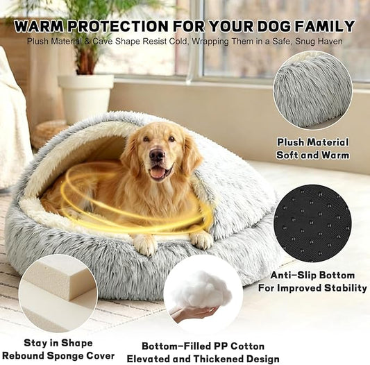 Calming Dog Bed Fluffy Plush Pet Bed Under 35 Pound,Large Cave Bed Washable Non-Slip Cat Nest Pod Windproof,Cozy Indoor Cave for Kitten Dog Non-Slip Bottom (L-31.5in)