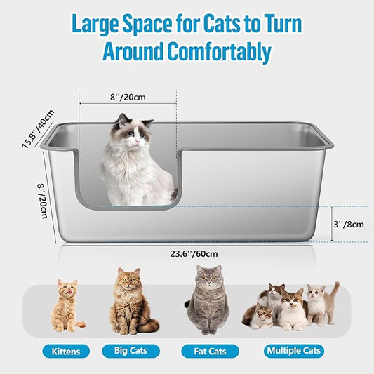 Stainless Steel Cat Litter Box, 23.6" L x 15.7" W x 8" H XXL Extra Large Semi Enclosed Removable Metal Litter Tray with High Sided Enclosure, Scoop, Anti-Leakage, Non-Sticky, Easy Cleaning