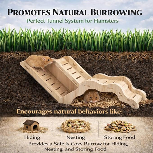 Large Size Syrian Hamster Explorer Set - Snap-Together Wooden Burrow with Panoramic Window,Natural Chew-Safe Design Decorative Landscaping Digging Peeping Hide Underground Fun for Cage Enrichment