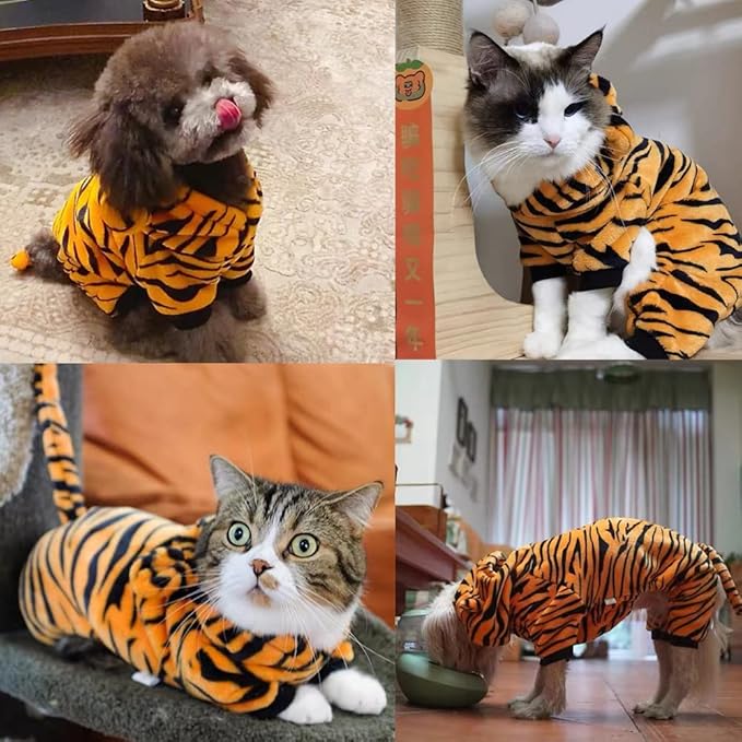 Dog Tiger Halloween Costume Cat Hoodies with Bunny Ears and Tail Puppy Warms Hooded Coat Pet Winter Clothes for Small Medium Dogs Kitten Kitty. (Orange, X-Small)