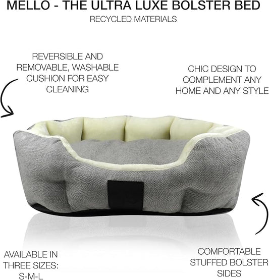 Pet Passion Mello-The Ultra Luxe Bolster Dog Bed with Removable Washable Pillow for All Pet Breeds, Ivory Tweed, Small