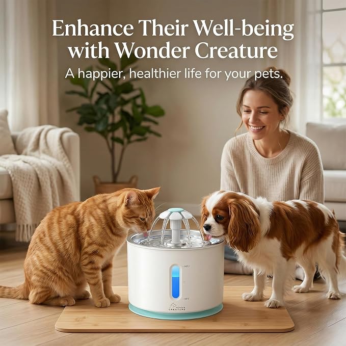 Wonder Creature Cat Water Fountain Stainless Steel Lid 81oz | Quiet Pet Fountain, LED Water Level Window, Multi-Layer Filter, Dishwasher-Safe Stainless Steel Lid for Cats and Dogs