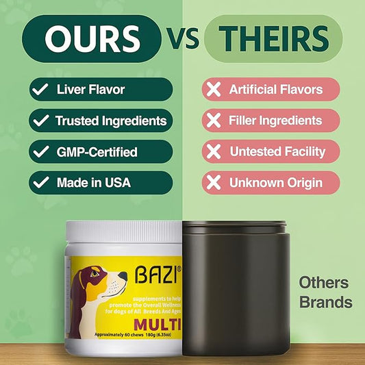 BAZI Multi Dog Chews – Comprehensive Health Supplement with Glucosamine, Probiotics, Salmon Oil, Ashwagandha & Mushrooms – Daily Well-Being, Skin & Coat, Digestion, and Vitality Support for All Dogs