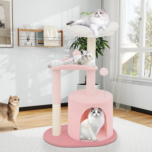 Athena Collection Small Cat Tree Condo with Sisal Scratching Post, 33 Inch Modern Cute Flower Cat Tree Tower with Cozy Perch Toy Ball for Indoor, Kittens, Light Pink