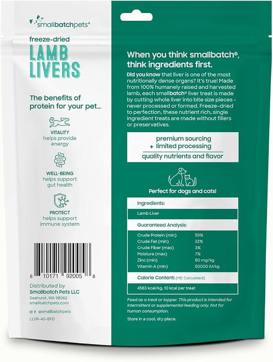smallbatch Freeze Dried Dog Treats, Lamb Liver Treats for Dogs & Cats, High Protein, Single Ingredient Dog Treat for Training or Food Topper, Natural, Humanely Sourced Meat, Made in the USA, 4 oz