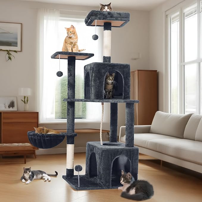 Cat Tree, 54-Inch Cat Tower for Indoor Cats, Soft Plush Multi-Level Climbing Cat Condo with Scratching Posts, Basket, Perches,2 Caves,2 Pompoms Play House for Cat(Dark Gray)