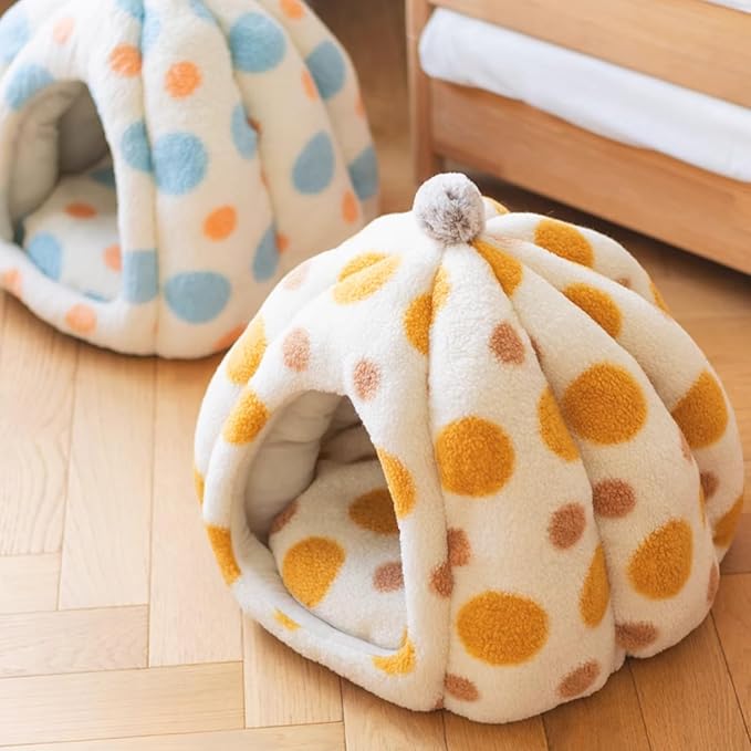 Cat Polka Dot Yurt Bed, Plush Warm Semi-Enclosed Cave Hideaway, Soft Comfy House for Indoor Kitten (Blue,Medium)