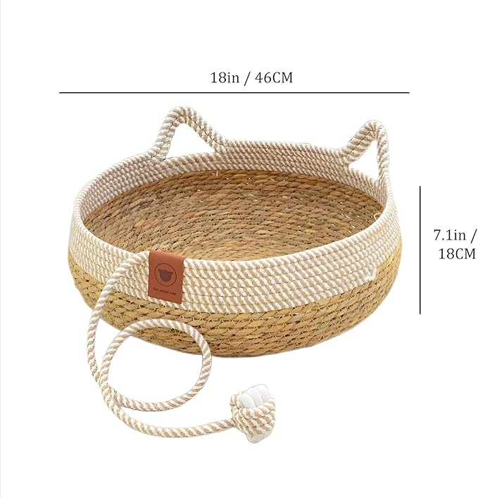 Natural Cat Bed Straw Nest Woven Pet House Handmade Braided Cute Cats Ears Cattail Leaf with Soft Cushion and Toy Ball 18 x 18 Inches