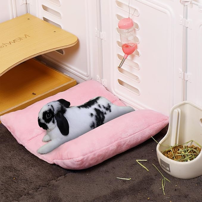 MEWTOGO 14" x 13" Bunny Bed for Rabbit Cage - Thickened Soft Prevent Sore Hocks Plush Mat with Cotton Lounger Pillows, Small Animal Flop Mat for Hutch Sleeping Indoor, Pink