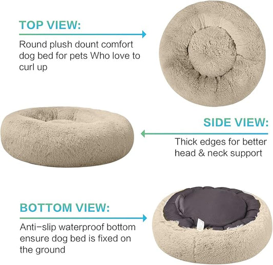 SAVFOX 36 inches Calming Donut Dog Bed - 3X Durable Plush Faux Fur, Machine Washable & Non-Slip, Fits up to 100 lbs, Beige