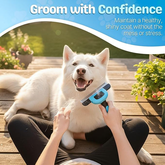 Flexzion Deshedding Dog Brush for Short Haired Dogs & Cats - Stainless Steel Dog Brush for Shedding Short Hair Pets Small, Medium, & Large - Professional Pet Grooming Comb Tool w/Safety Blade, Blue