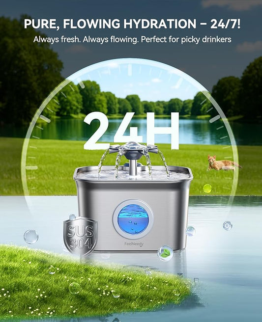 Stainless Steel Cat Water Fountain, 99oz/2.8L Auto Pet Drinking Fountain with 20dB Ultra-Quiet Pump- Ideal for Timid Pets, LED Water Level Window, Dishwasher Safe, 24/7 Circulating Flow - FEELNEEDY
