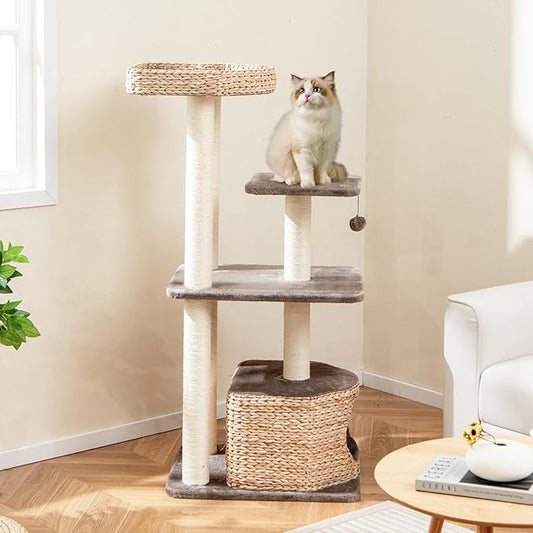 PETSITE 52 inch Cattail Cat Tree, Multi-Level Cat Tower with Scratching Posts, Cat Condo, Top Perch, Hanging Jingling Ball and Soft Washable Cushions, Modern Cat Tree for Indoor Cats