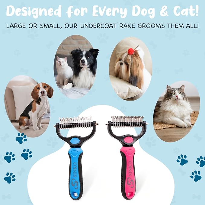 Sinko Deshedding Dog and Cat Brush, Dematting Comb with Extra Wide Double-Sided Stainless Teeth for Detangling, Deshedding, Brushing & Removing Shed Fur, Knots, Mats, and Tangles in Pets (Pink)