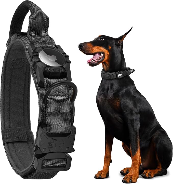 Upgraded Airtag Dog Collar Waterproof, Adjustable GPS Training Nylon | Dog Collar with AirTag Holder, Control Handle and Quick-Release Buckle for Medium and Large Dogs (Black, L)
