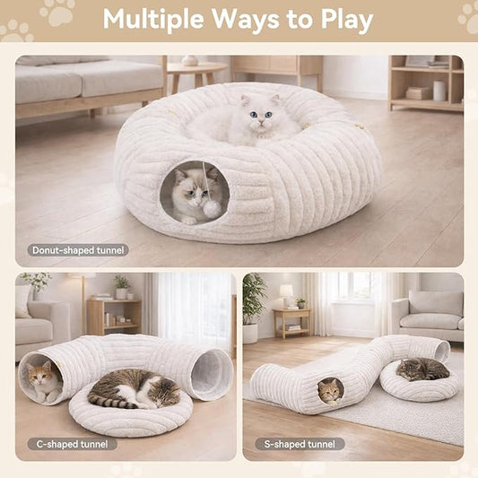 Dogpals Ultra-Soft Cat Tunnel Bed - Soft Washable Cushion, Peekaboo Hideaway Cave for Indoor Cats, Kittens, Puppies, and Rabbits - Deluxe Upgraded with Luxurious Striped Hare-Feel Fabric (White)